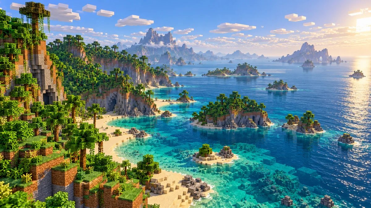A block-built tropical coastline with turquoise ocean and islands extending toward the horizon