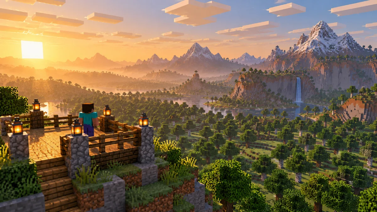 A block-built hilltop observation platform overlooking evenly spaced trees and mountains in golden light