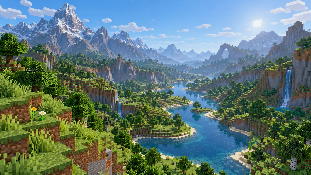 A panoramic block-built grassy valley with a winding river and layered mountains, clear daytime atmosphere
