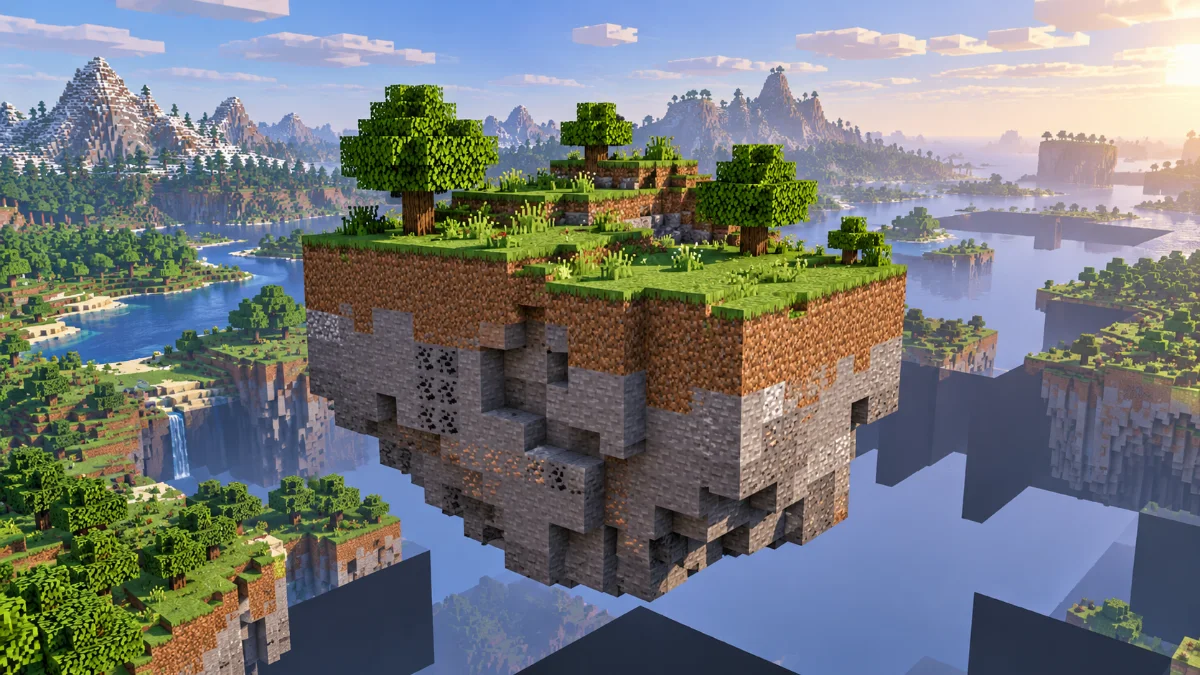 A block-built floating slice of landscape with visible dirt and stone layers, coherent terrain beyond