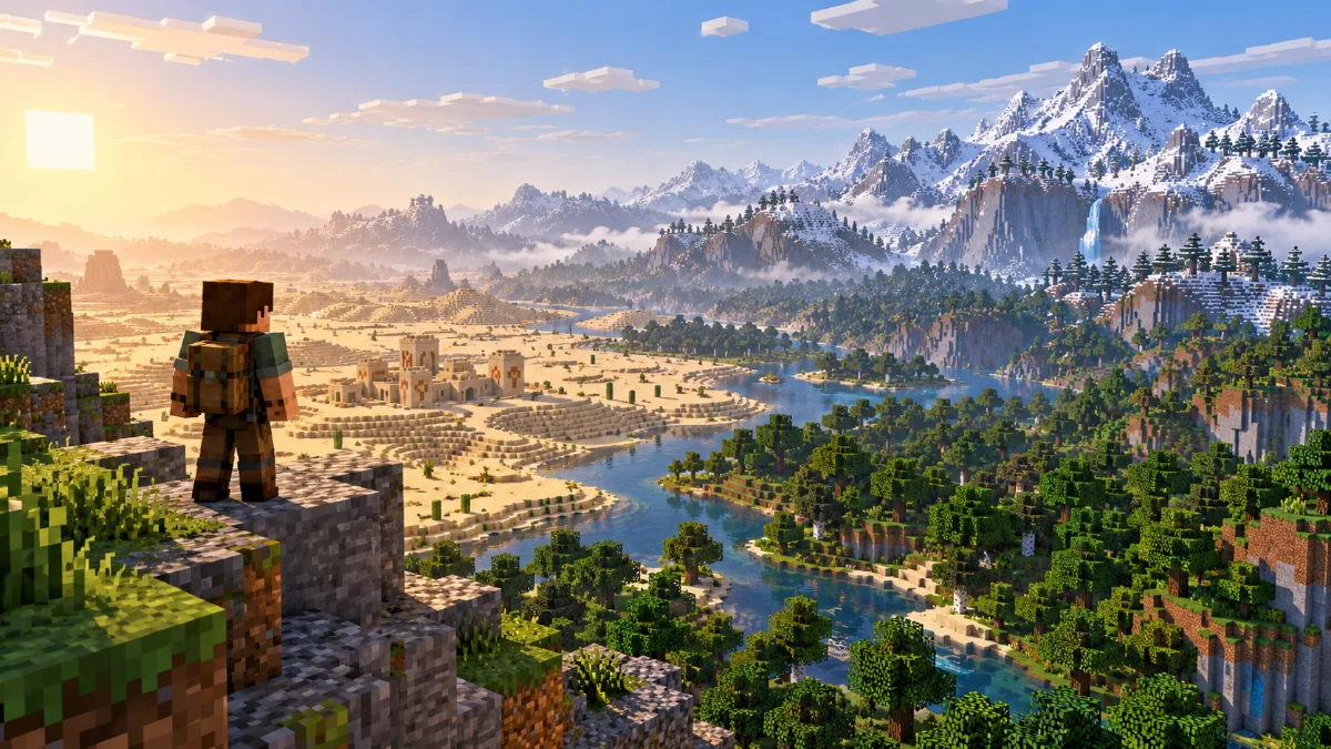 A block-built explorer standing on a cliff looking toward a desert, forest and snowy mountains