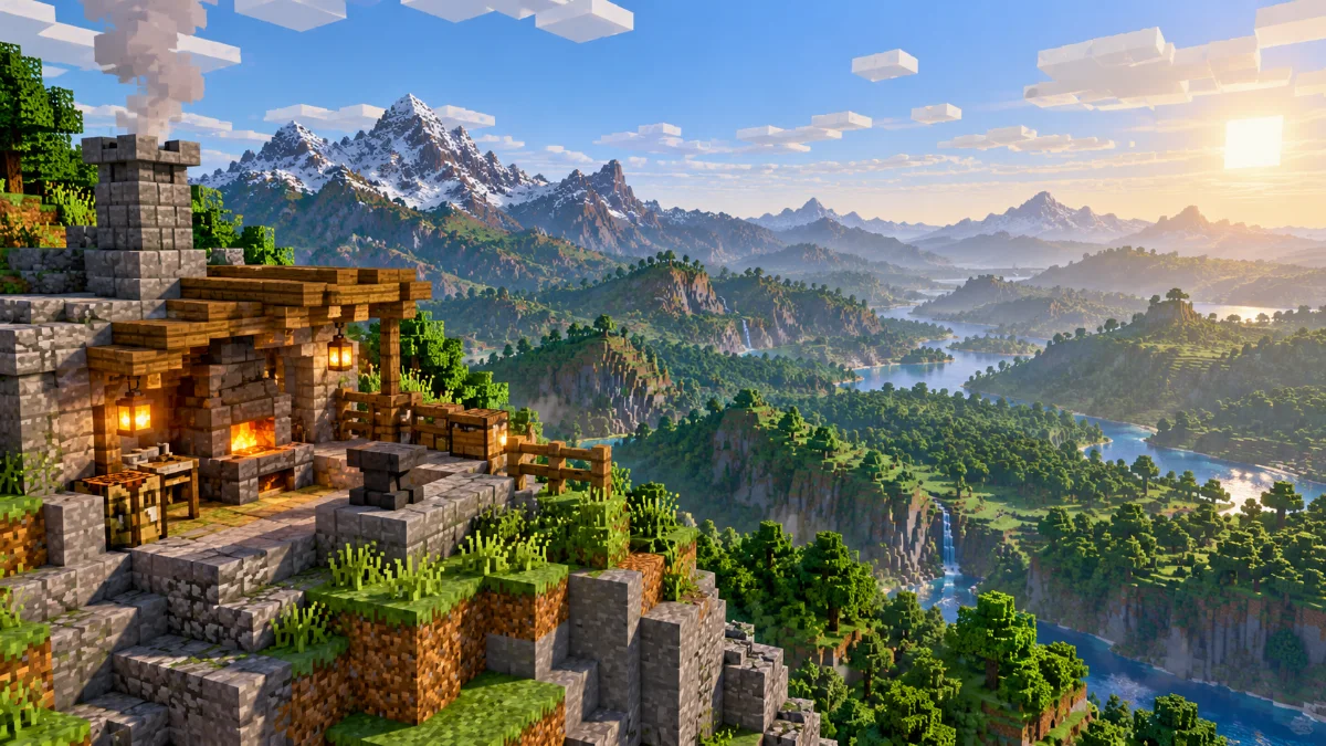A block-built mountaintop overlooking far-reaching green hills and a stone workshop in foreground
