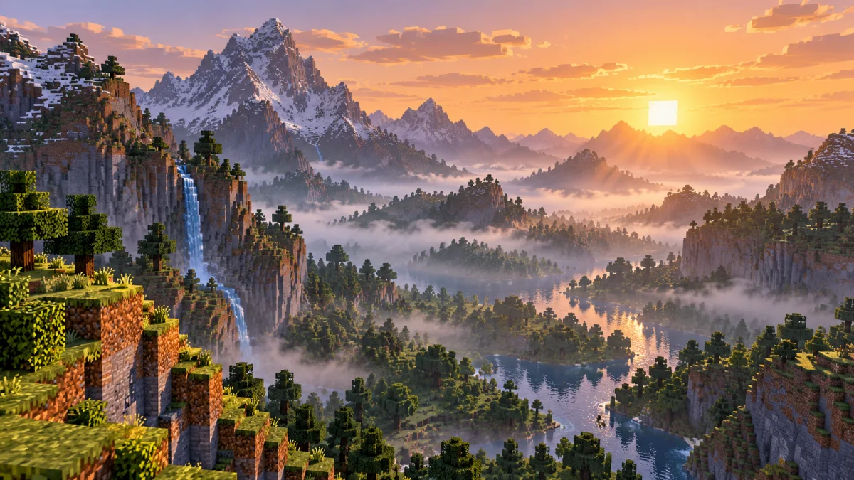 A block-built mountain valley with delicate low mist between ridges, warm sunrise above