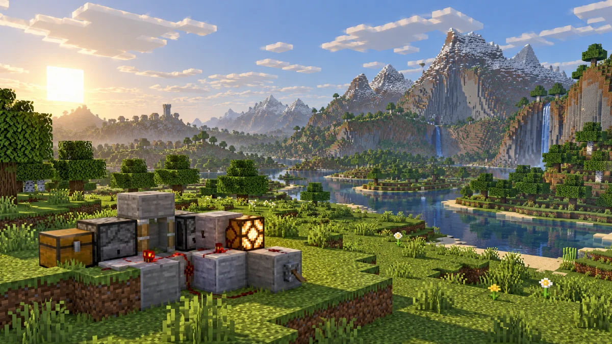 A clean block-built plains landscape with a compact redstone-inspired machine in foreground and distant hills