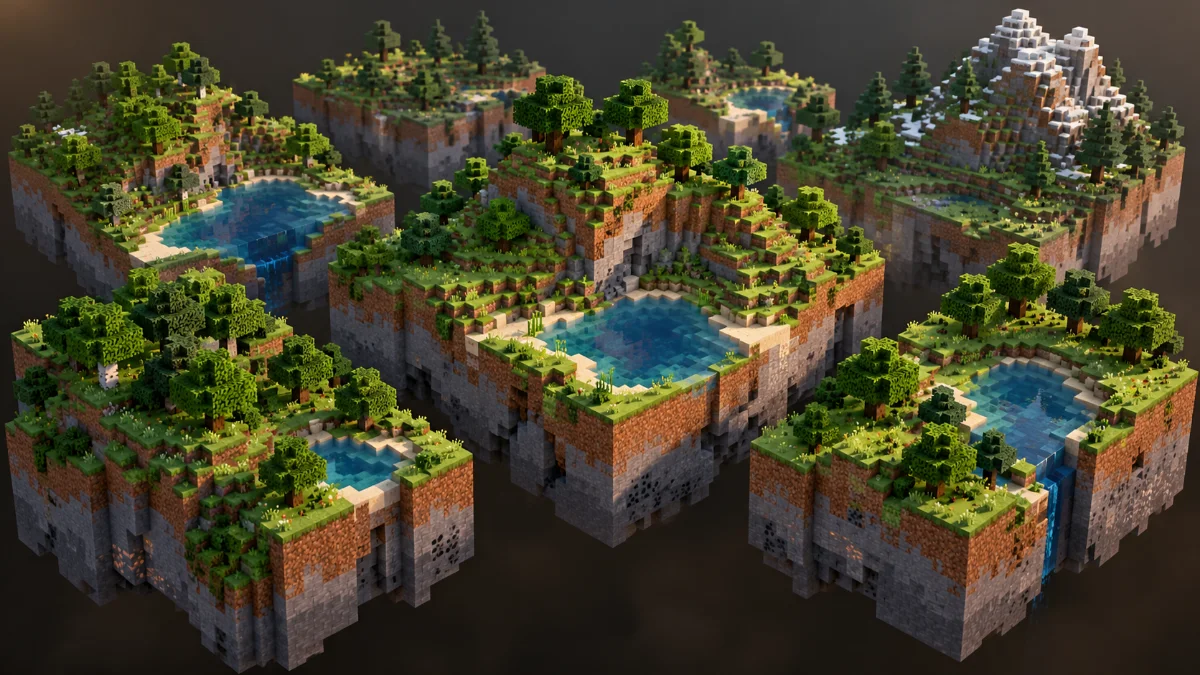 An isometric collection of block-built grassy terrain chunks with trees and lakes on a dark earthy background