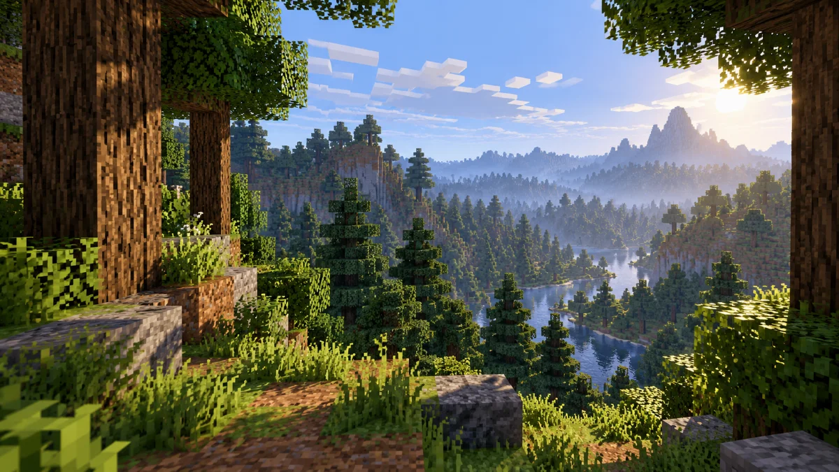 A richly textured block-built forest viewed from a clearing, nearby detailed bark and distant treetops