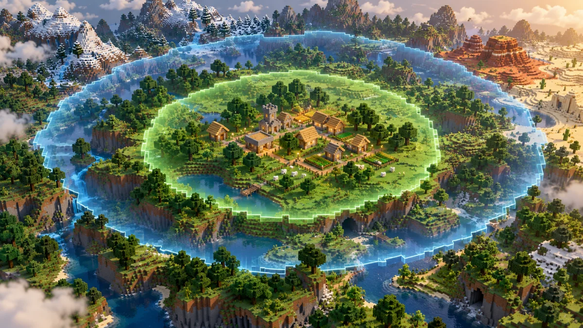 Isometric block-built terrain with a central village and two concentric softly glowing terrain zones, no labels