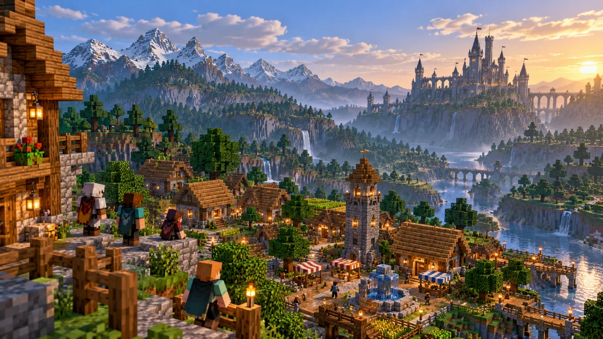 A block-built multiplayer village with several tiny adventurers and a distant castle across a valley